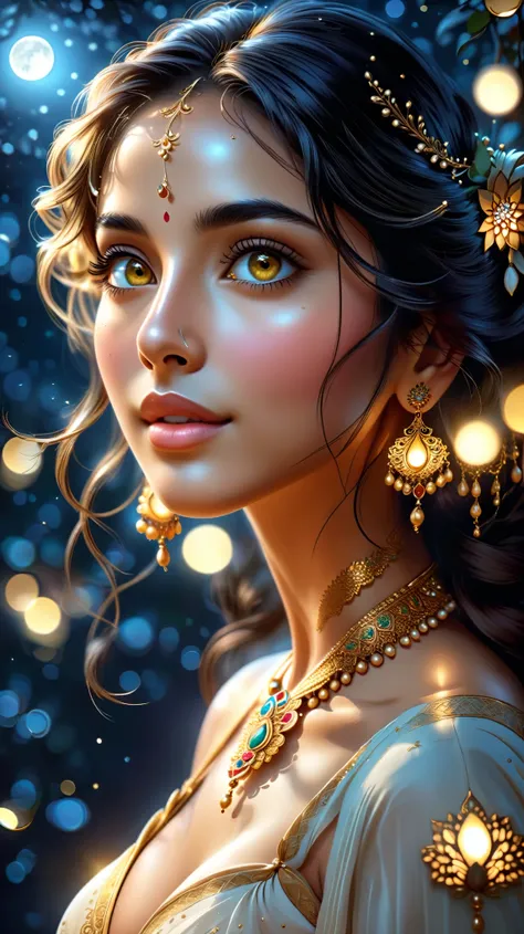 Dynamic photo of Close-up of Sundari’s radiant face under moonlight. Her features are soft and flawless — large kohl-lined eyes, delicate nose, and full lips. Her skin glows like moonlight, as she looks up dreamily., at night time, realistic cinematic styl...