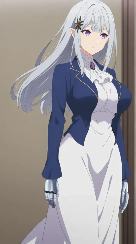 score_7_up, anime screencap, Women, long dress, Satella, 1girl, Anime, 1girl, adult female, pointy ears, hair ornament, silver hair, purple eyes, Big breasts, red ribbon, jewelry, white ascot, brooch, blue jacket, long sleeves, silver prosthetic arms, whi...