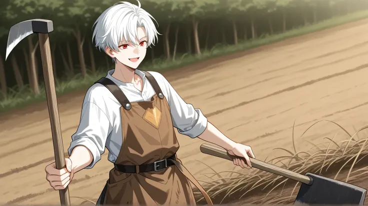 men white short hair,red eyes, farmer's clothes happy face have hoe