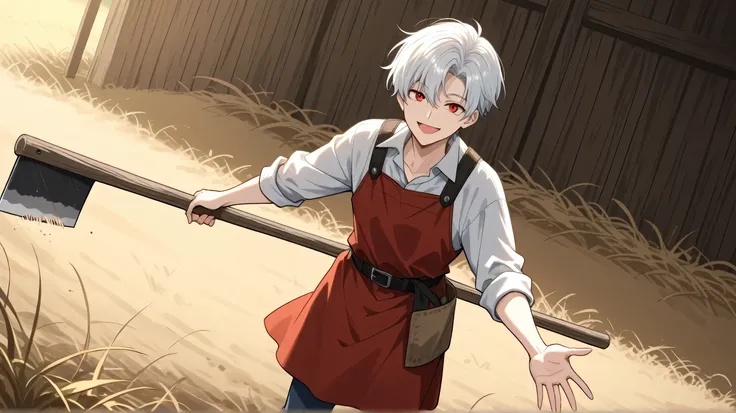 men white short hair,red eyes, farmer's clothes happy face have hoe