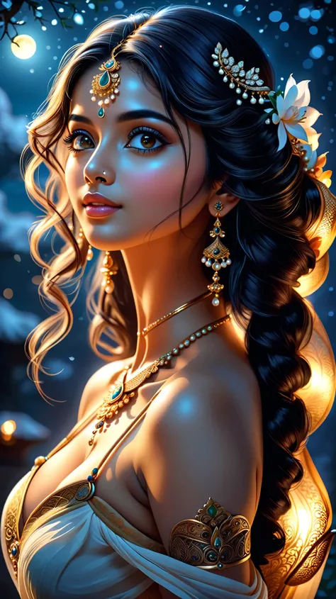 Dynamic photo of Close-up of young, sexy, gorgeous, attractive, stunning kamasutra girl Sundari's(aiswarya rai) radiant face under moonlight. Her features are soft and flawless — large kohl-lined eyes, delicate nose, and full lips. Her skin glows like moon...