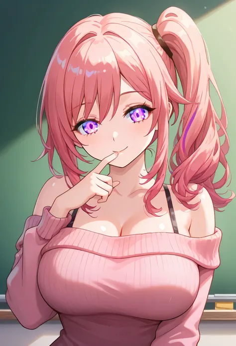 this, Collapse： star rail,1 girl,  Female Teacher,  charming, long hair, shiny hair,  glowing skin ,A motherly smile , Closed Mouth, bigger breasts in bikinis, Chest,  off-the-shoulder pink sweater, upper body, puts a finger on her mouth,, Peering posture,...
