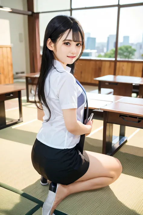  Highest Quality、 masterpiece 、 one young beautiful woman wearing a Japanese office lady uniform,  beautiful face、 Japanese office lady uniform 、 white collar short sleeve shirt、black vest、black miniskirt 、makeup、 slim figure with braided blonde hair 、thin...
