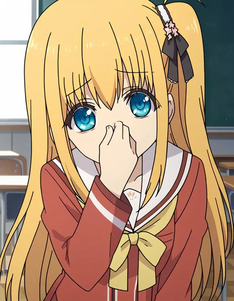 score_9, score_8_up, score_7_up, source_anime,
yusakurobane, 
yusa kurobane, long hair, blue eyes, blonde hair, hair ornament, ribbon, hair ribbon, one side up, side ponytail,
school uniform, serafuku, long sleeves, red blazer, red skirt, pleated skirt, wh...