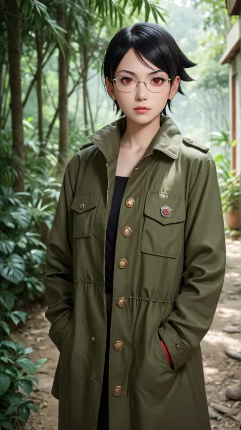 1girl, solo,sarada uchiha,red eyes,black hair,short hair,outdoors,potrait,deep jungle background,wearing glasses,coat,small breast,earings,military uniform