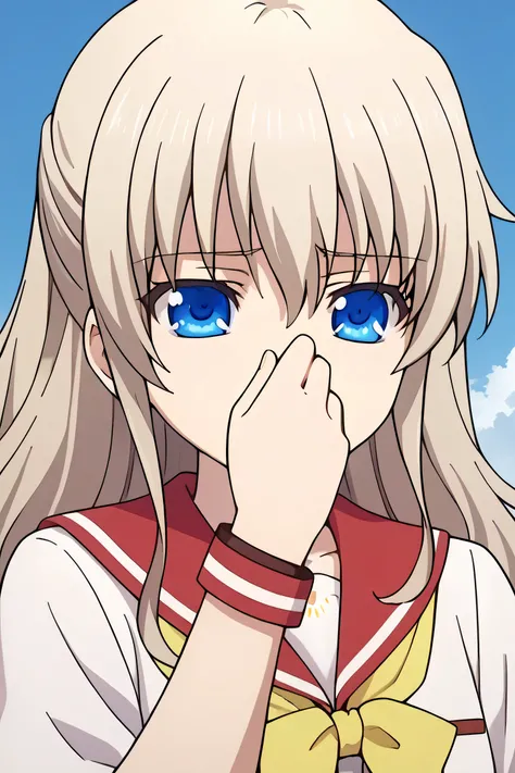 1girl, solo, best quality, masterpiece,   nao tomori, , serafuku, sailor collar, hair between eyes, anime style, anime color, 2D,sad nernous resigned expression,covering nose