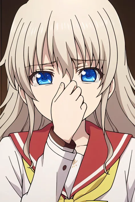 1girl, solo, best quality, masterpiece,   nao tomori, , serafuku, sailor collar, hair between eyes, anime style, anime color, 2D,sad nernous resigned expression,covering nose