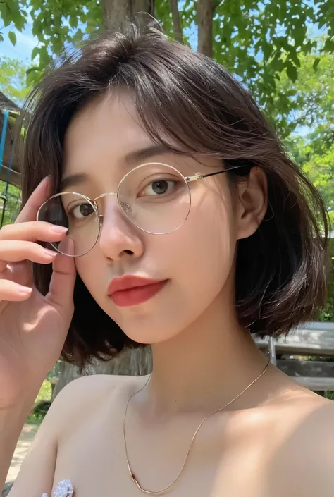 1girl , (selfie, selfie with one hand ) taking a bit far , show her body, indonesian , chinese , natural lighting, realistic shadow, ultra realistic , round glasses , smile