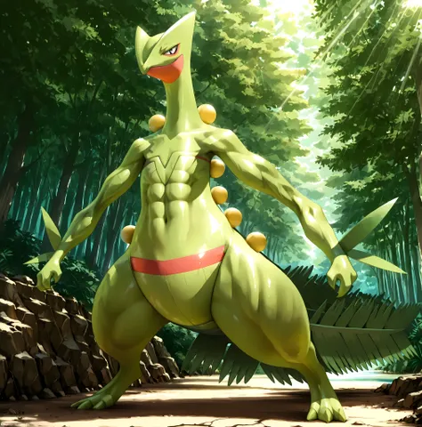 solo, full body, from front, standing, BREAK Sceptile(Pokémon), Pokémon(creature), BREAK big eyes, slant eyes, black eyes, looking at viewer, smile, BREAK (Toned body), Huge and strong body of overwhelming muscularity, Hyper Giant muscles, Very thick arms ...