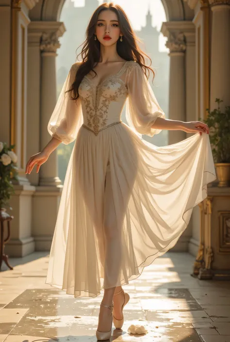ultra fineCG Unity 8k壁紙、an elegant ballerina symbolizing white roses。She is wearing an elegant white dress embroidered with jewels。she dances in bright light、standing on the tip of one foot、raising the other leg、her hands emphasize the elegance of the pose...