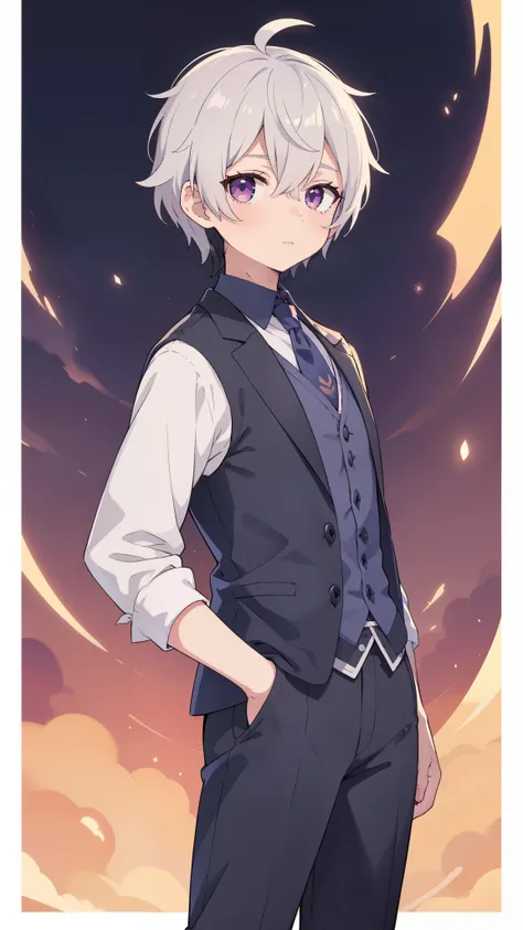 (high-quality, breathtaking),(expressive eyes, perfect face) 1male, male , solo, ager, short hair length, wavy curly hair, messy hair, white and black hair color, multicolored hair, deep purple eye color, background, music, mature, haunting twilight backgr...