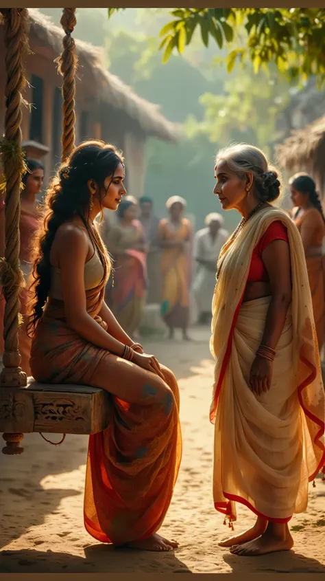 Dynamic photo of a young sexy stunning attractive gorgeous kamasutra girl Sundari sits on a decorated swing, rolling her eyes as an elderly village woman (in a faded white saree) offers her advice. Sundari scoffs, flipping her braid, while villagers watch ...