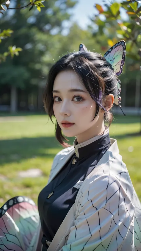 A stunningly realistic portrait of a woman inspired by Shinobu Kocho from Demon Slayer, portrayed as if she exists in the real world. She has long, flowing black hair with indigo tips, styled neatly with a butterfly-shaped hairpin. Her eyes are large and e...