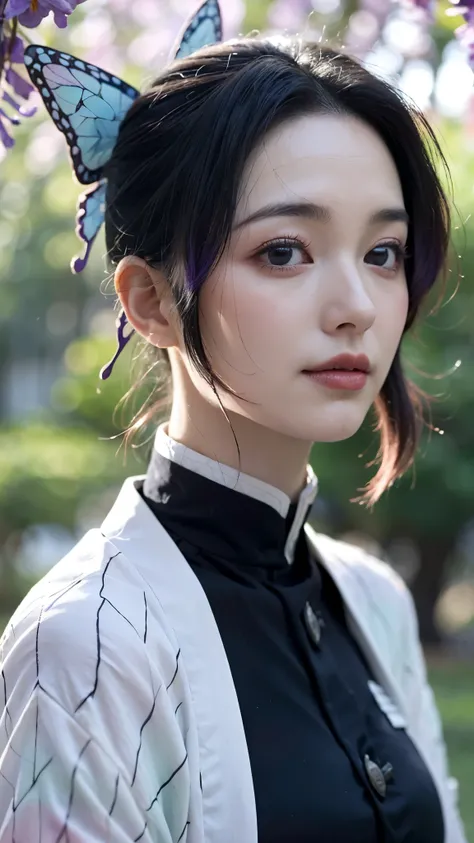 A stunningly realistic portrait of a woman inspired by Shinobu Kocho from Demon Slayer, portrayed as if she exists in the real world. She has long, flowing black hair with indigo tips, styled neatly with a butterfly-shaped hairpin. Her eyes are large and e...