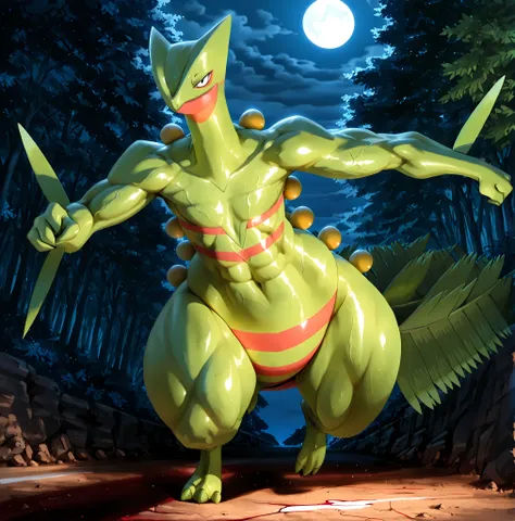 solo, full body, running, BREAK  Sceptile(Pokémon), Pokémon(creature), BREAK big eyes, slant eyes, black eyes, looking at viewer, BREAK (Toned body), Huge and strong body of overwhelming muscularity, Hyper Giant muscles, Very thick arms that swell up with ...