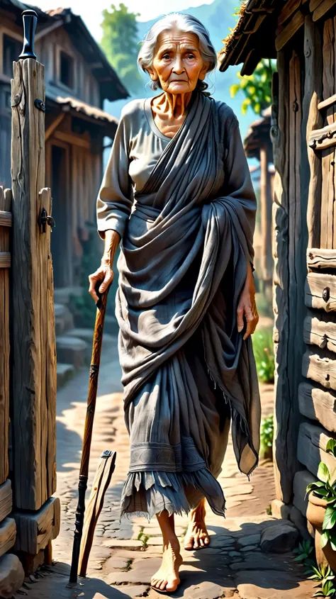 Dynamic photo of a Old Woman, around 80 years old, very thin, deep wrinkles, wearing a tattered gray saree, barefoot, with a wooden walking stick. Her eyes are sharp and knowing. She enters the village gate, looking weary., realistic cinematic style, 4k ul...