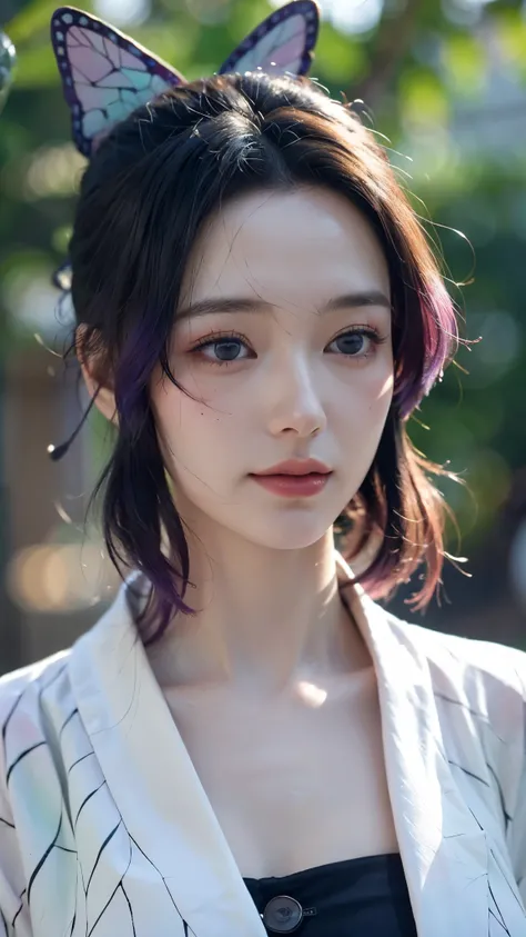A stunningly realistic portrait of a woman inspired by Shinobu Kocho from Demon Slayer, portrayed as if she exists in the real world. She has long, flowing black hair with indigo tips, styled neatly with a butterfly-shaped hairpin. Her eyes are large and e...