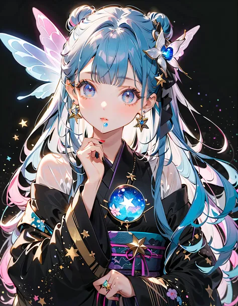 Front face facing the viewer、 staring at the viewer 、ソウタシエのstarのアクセサリー、((( Best Details、 Highest Quality、masterpiece、Super Detail、after being played in high definition)))、1 girl on break day，，Blink， ((( hair color is milky white and hair tips are blue ,Sta...