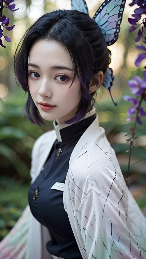 A stunningly realistic portrait of a woman inspired by Shinobu Kocho from Demon Slayer, portrayed as if she exists in the real world. She has long, flowing black hair with indigo tips, styled neatly with a butterfly-shaped hairpin. Her eyes are large and e...