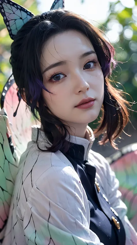A stunningly realistic portrait of a woman inspired by Shinobu Kocho from Demon Slayer, portrayed as if she exists in the real world. She has long, flowing black hair with indigo tips, styled neatly with a butterfly-shaped hairpin. Her eyes are large and e...