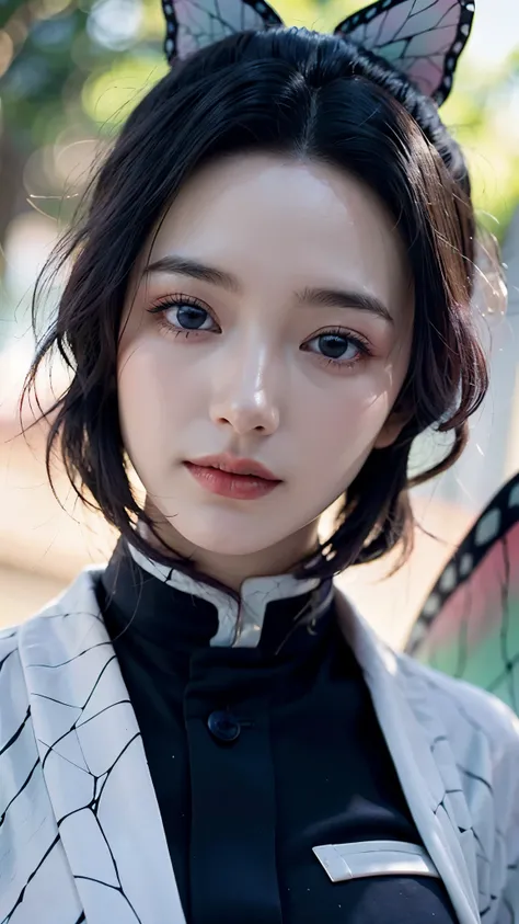 A stunningly realistic portrait of a woman inspired by Shinobu Kocho from Demon Slayer, portrayed as if she exists in the real world. She has long, flowing black hair with indigo tips, styled neatly with a butterfly-shaped hairpin. Her eyes are large and e...