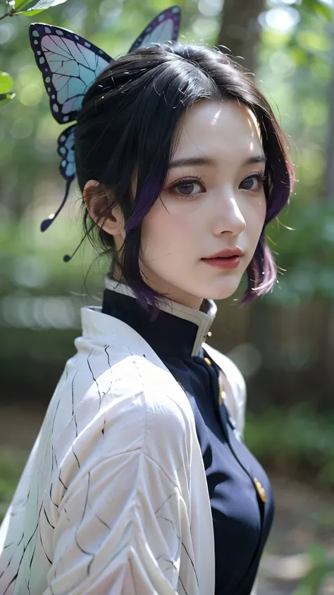 A stunningly realistic portrait of a woman inspired by Shinobu Kocho from Demon Slayer, portrayed as if she exists in the real world. She has long, flowing black hair with indigo tips, styled neatly with a butterfly-shaped hairpin. Her eyes are large and e...