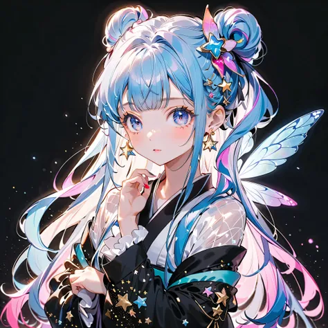 Front face facing the viewer、 staring at the viewer 、ソウタシエのstarのアクセサリー、((( Best Details、 Highest Quality、masterpiece、Super Detail、after being played in high definition)))、1 girl on break day，，Blink， ((( hair color is milky white and hair tips are blue ,Sta...