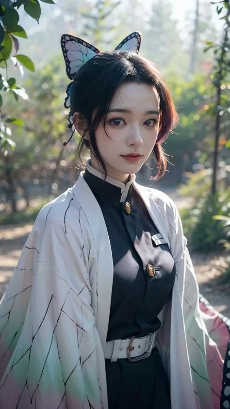 A stunningly realistic portrait of a woman inspired by Shinobu Kocho from Demon Slayer, portrayed as if she exists in the real world. She has long, flowing black hair with indigo tips, styled neatly with a butterfly-shaped hairpin. Her eyes are large and e...