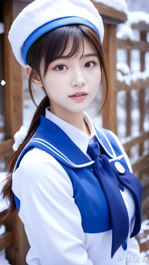 close-up of a person standing in uniform in the snow, girl in uniform, JK uniform , Dilraba Dilmurat, Gorgeous Chinese Models, All over the body, Chen Xintong, works that influenced Chen Yifei , Only snow in the background, Li Zixin, Girl of the Alps, Ya...