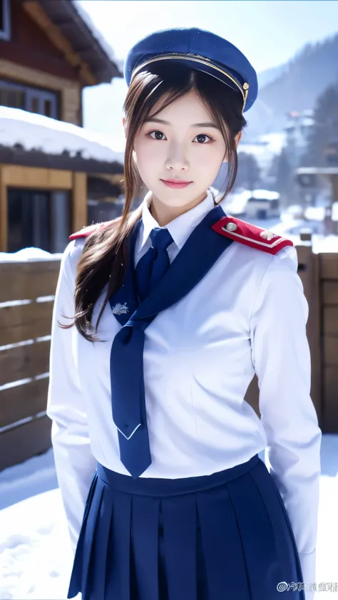close-up of a person standing in uniform in the snow, girl in uniform, JK uniform , Dilraba Dilmurat, Gorgeous Chinese Models, All over the body, Chen Xintong, works that influenced Chen Yifei , Only snow in the background, Li Zixin, Girl of the Alps, Ya...