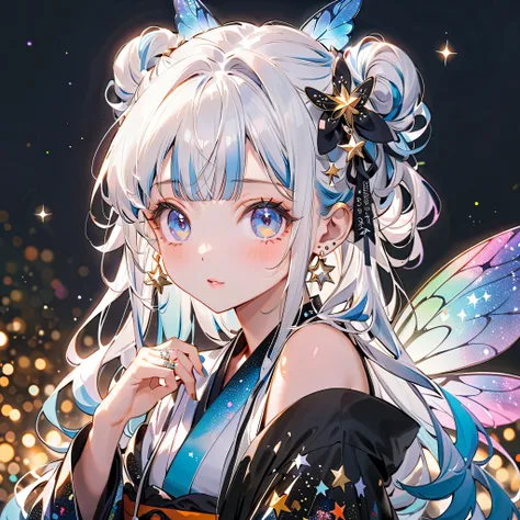 Front face facing the viewer、Baby Face、 staring at the viewer 、ソウタシエのstarのアクセサリー、((( Best Details、 Highest Quality、masterpiece、Super Detail、after being played in high definition)))、1 girl on break day，，Blink， ((( milky white hair color ,Starry Hair)))、uniq...