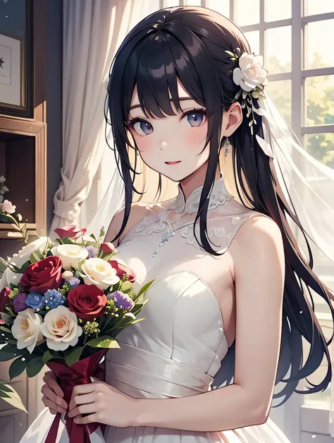 flower飾りをつけた美しい大人の女性、、hair、precise depiction、masterpiece、、light colored beautiful wedding dress、upper body、、flower、flower飾り、animated illustration、bouquet、
