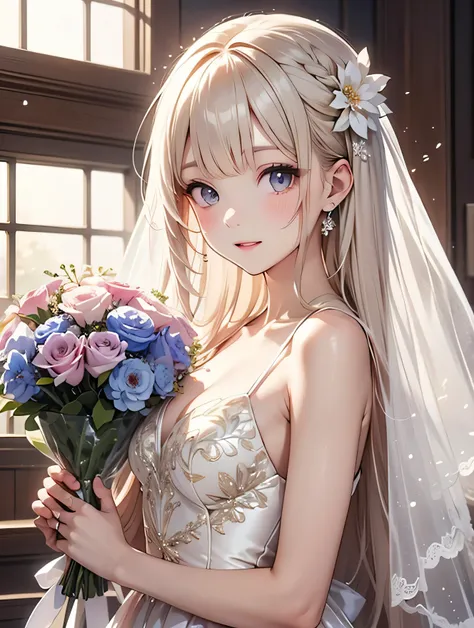 flower飾りをつけた美しい大人の女性、、hair、precise depiction、masterpiece、、light colored beautiful wedding dress、upper body、、flower、flower飾り、animated illustration、bouquet、