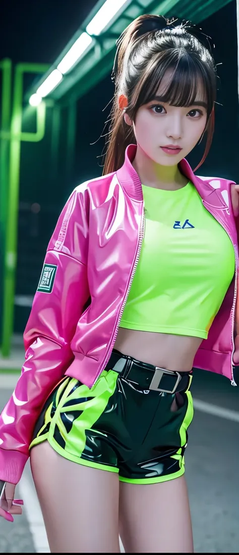 pure idol girl、A pure girl's face、 hypo、、track jacket、cyberlatex shorts（Fluorescent Green）、、fighter belt、Glowing lightning、