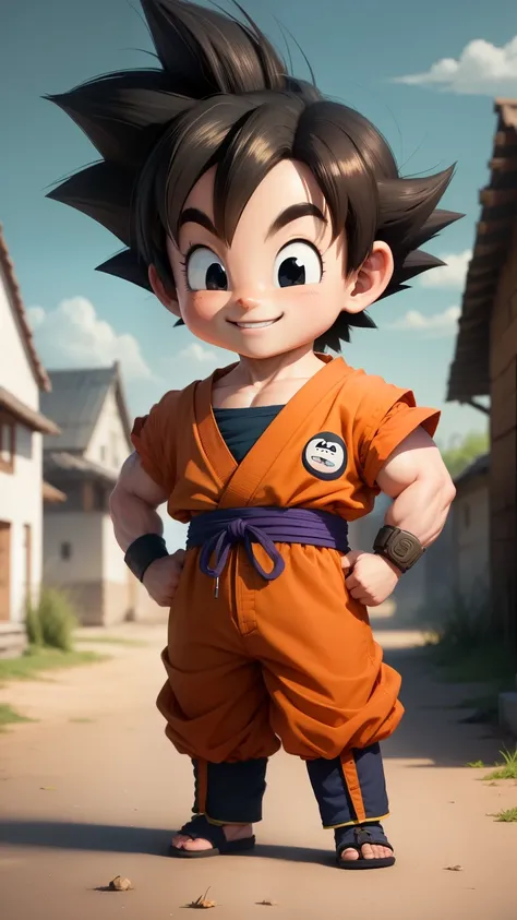 (extremely detailed CG unity 8k wallpaper), chibi cute Son Goku, smile face, full body, village background