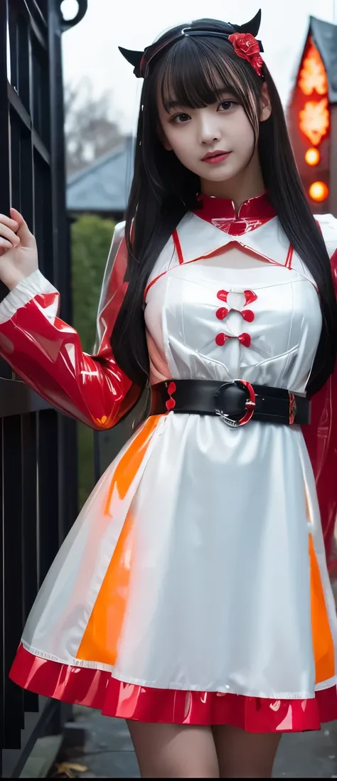 pure idol girl、A pure girl's face、 hypo、、ghost latex minidress(fluorescent red orange)、、Phantom Belt、The glowing haunted house、