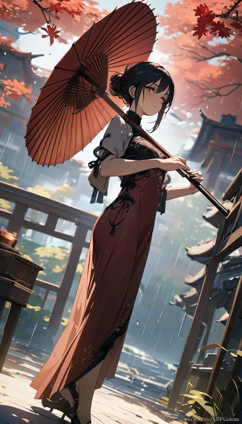Rainy day, , a Chinese woman with a sad face ,  wearing a dress of chests embroidered with black embroidery.,  holding an oil paper umbrella , Standing in a Chinese garden , from the side, wide-angle, Chiaroscuro , film shooting,  UHD, Retina, Masterpiece,...