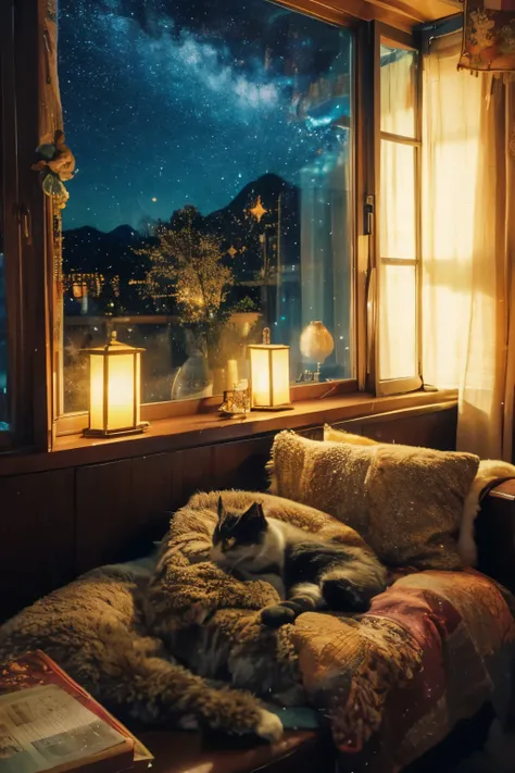cozy, next to it、The quilt covers the chair. The room is comfortable It creates a homely atmosphere, golden eyes shining on dark fur. and ginger tabby, in a room with warm lighting. The swirling galaxy emits a mystical aura, Two cats are happily relaxing w...