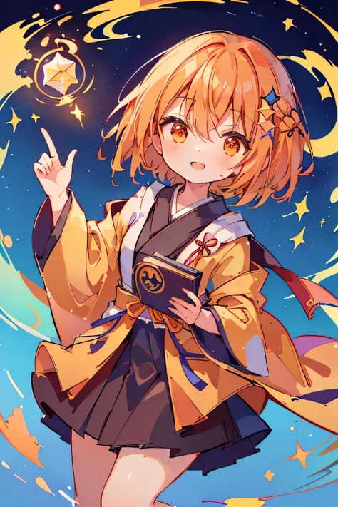 1 girl,(asymmetric hairstyle:1.3),(orange:1.2),(Hair cut only on the left side:1.4),((wizard's robe:1.2)),(japanese wear), ((opening a magic book)),(background with twinkling stars:1.35),waving in the wind,(proud smile),((Super high quality:1.5))