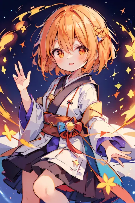 1 girl,(asymmetric hairstyle:1.3),(orange:1.2),(Hair cut only on the left side:1.4),((wizard's robe:1.2)),(japanese wear), ((opening a magic book)),(background with twinkling stars:1.35),waving in the wind,(proud smile),((Super high quality:1.5))