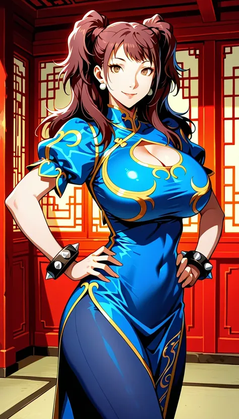 (masterwork, masterpiece, best quality, hyper-detailed),
1 girl, solo, 
p4rise, kujikawa rise, twintails, long hair, brown hair, earrings
Chun-li_SF6 cosplay , 1girl, solo, double bun, brown eyes,china dress, blue pantyhose,bracelet,black footwear,sexy pos...