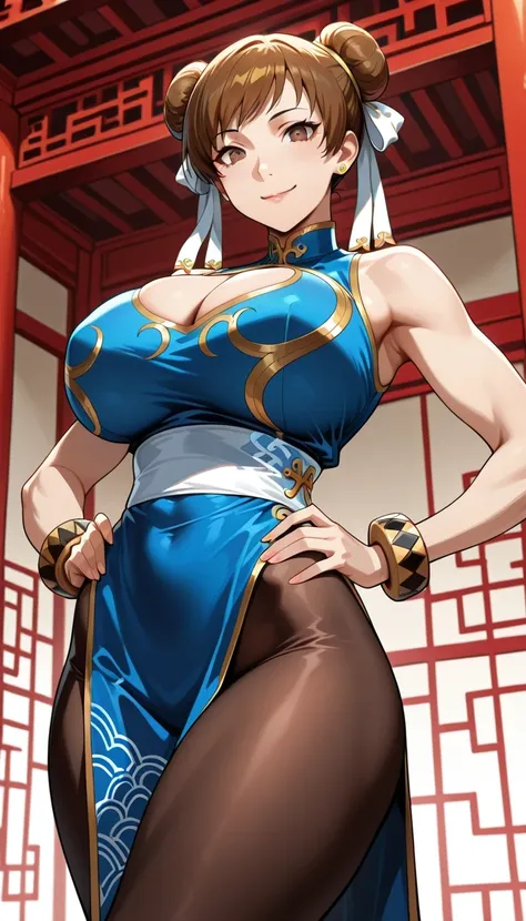 (masterwork, masterpiece, best quality, hyper-detailed :1.2),score_9, score_8_up, source_anime 1 girl, solo, cute face, p4chie, satonaka chie, short hair, brown hair, Chun-li_Street fighter 6  cosplay , 1girl, solo, double bun, brown eyes,blue and white ch...