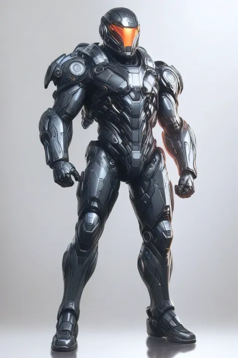A sleek, full-body futuristic mechanical armor suit designed for agility, made of titanium and tungsten. The armor features a slim, athletic build with detailed plating. Primary color is dark red with gold panels, silver metallic highlights along the edges...
