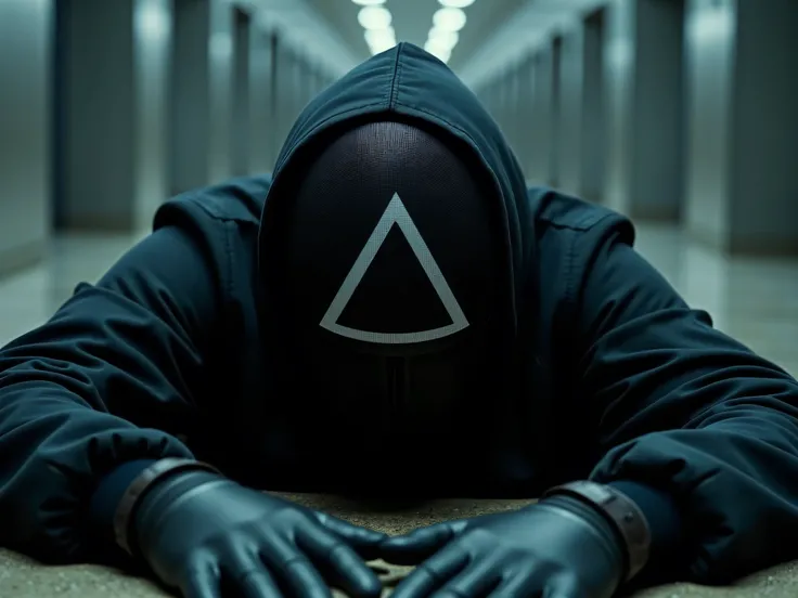 Cinematic close-up of a masked man lying flat on the ground, appearing dead. His mask is matte black, emotionless, and geometric — shaped like a minimalist, angular human face with sharp cheekbones, no visible mouth, and hollow triangle-shaped eye sockets....