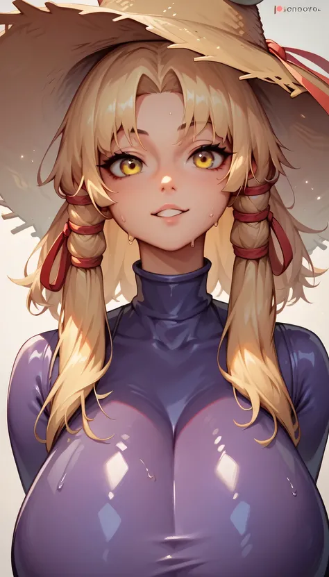 (masterpiece, Highest quality, Ultra-high resolution), 1girl, Moriya Suwako, yellow eyes, blond hair, sidelocks, straw hat, red ribbon, anime face, cute face, (purple latex suit), The clothes fit perfectly, latex has a strong metallic sheen, Glossiness, sh...