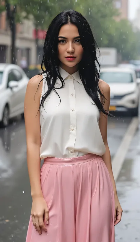 a beautiful woman, stands city during drizzling rain, body and face facing the camera, white satin material sleeveless shirt, long skirt leggings in satin material pink, big , red lips, tubuh basah, wet clothes