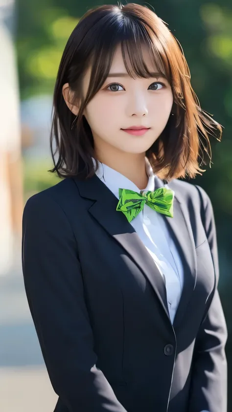 Best Quality , ( beautiful)、20 year old women、 young and cute girl、、 medium hair、黒髪、brown eyes 、カメラ目線、、medium breasts、white business shirt、 bow tie、upper body、Soft 、schools、