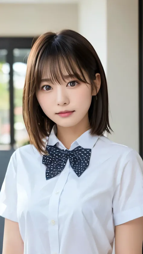  Best Quality , ( beautiful)、20 year old women、 young and cute girl、、 medium hair、黒髪、brown eyes 、カメラ目線、、、white business shirt、 bow tie、upper body、背景は部屋の中、schools、