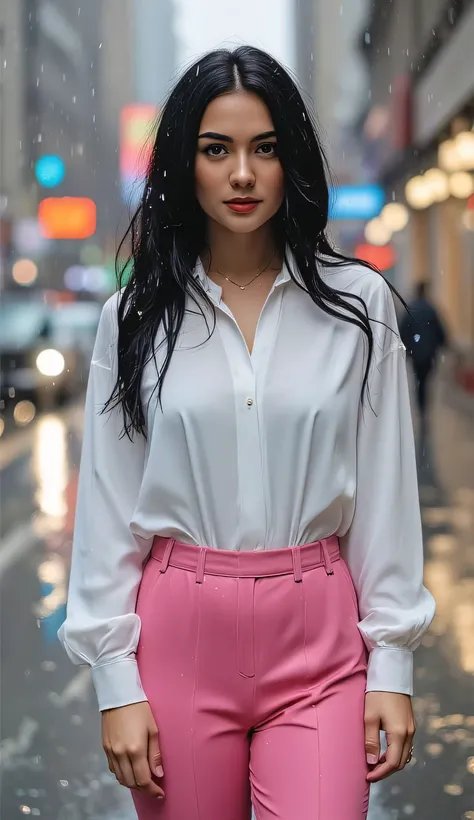 a beautiful woman, stands city during drizzling rain, body and face facing the camera, long sleeve formal shirt white, long leggings pink, big , red lips,