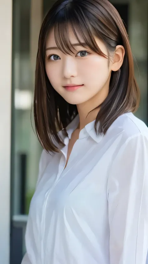  Best Quality , ( beautiful)、20 year old women、 young and cute girl、、 medium hair、黒髪、brown eyes 、カメラ目線、、、white business shirt、女子高制服 、背景は部屋の中、upper body、 、